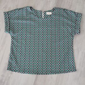 MELLODAY Anthropologie Top Blue Green Short Sleeve Blouse Stretch Size Medium